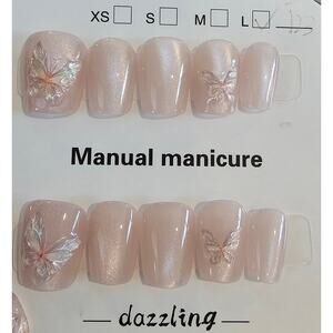 Light Pink Cat Eye with Butterfly | Press on Nails - Handmade | Sz Large